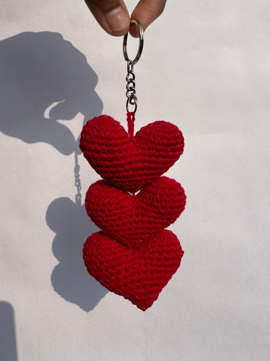 Handmade Crochet Triple Heart Keychain – Love Charm Accessory