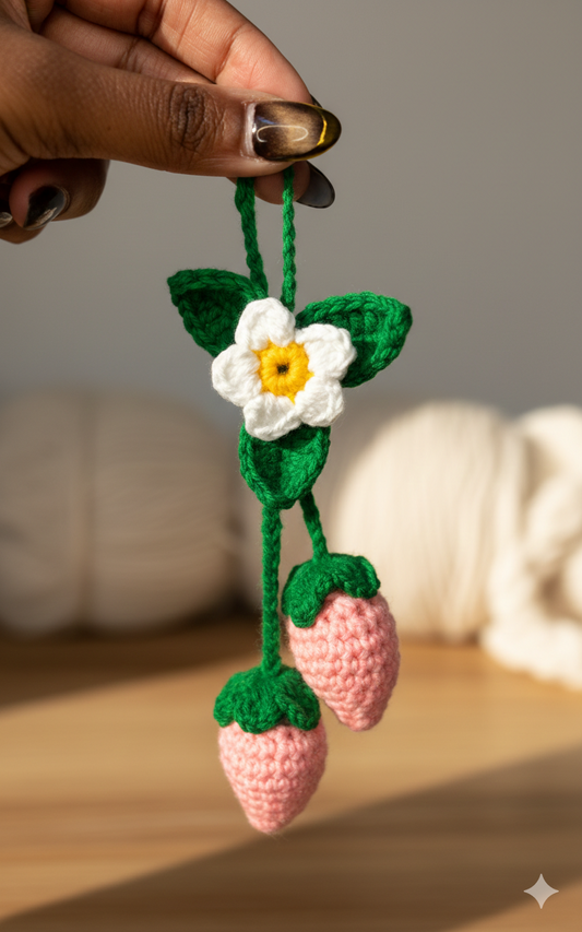 Crochet Strawberry Charm – Handmade Floral Keychain
