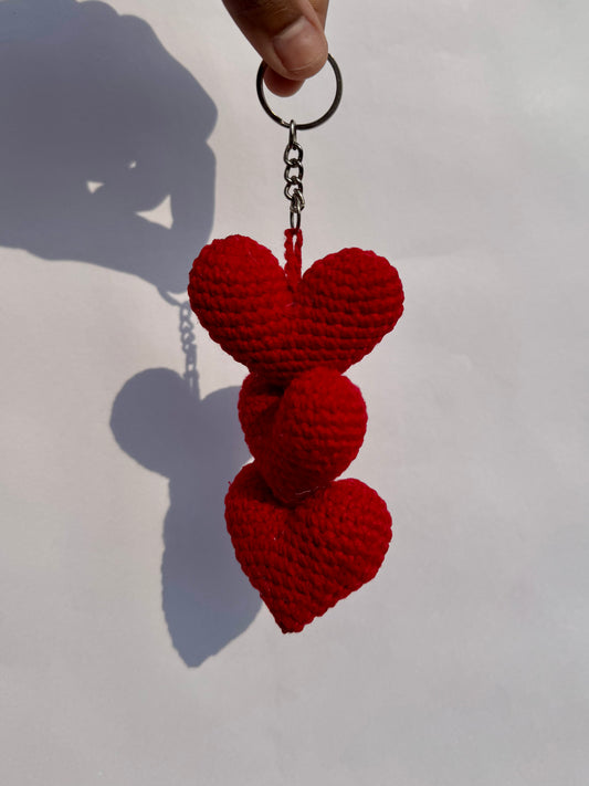Handmade Crochet Triple Heart Keychain – Love Charm Accessory