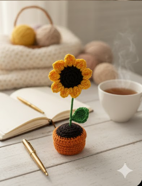 Handmade Crochet Sunflower in Pot – Mini Desk Décor