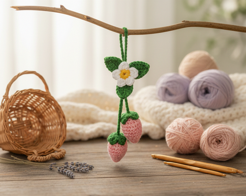 Crochet Strawberry Charm – Handmade Floral Keychain