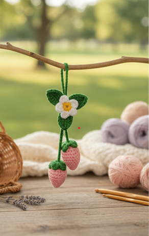 Crochet Strawberry Charm – Handmade Floral Keychain
